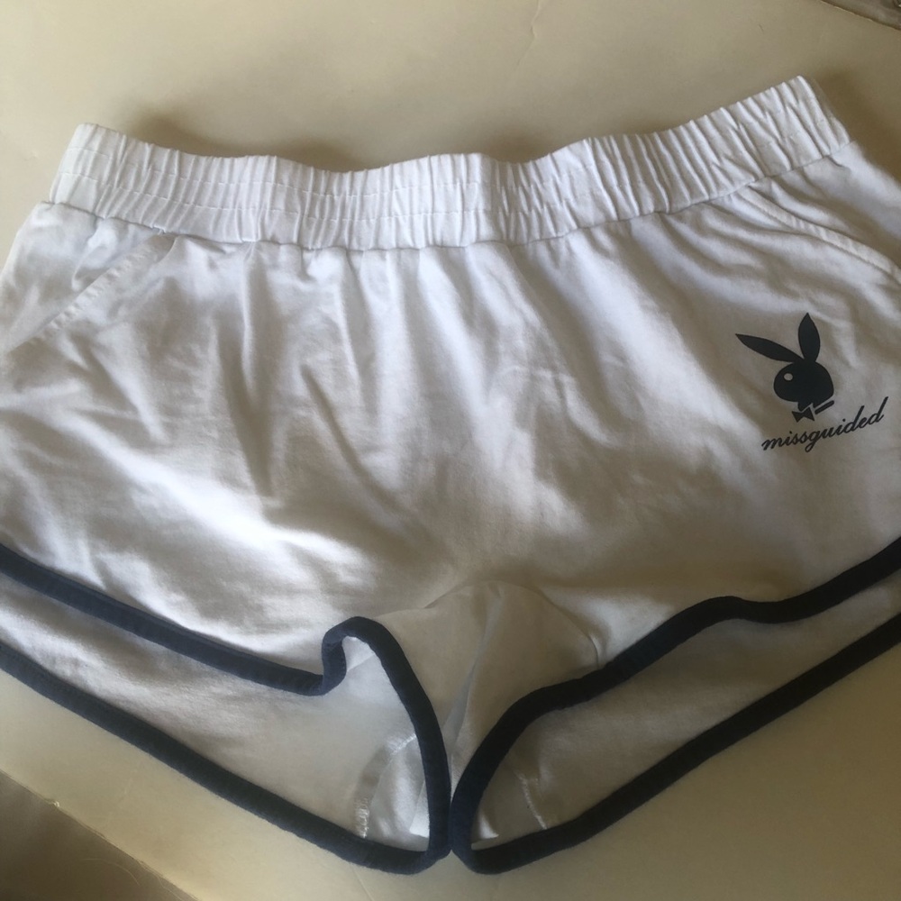 Missguided White Athletic Shorts with Blue Trim Playboy Logo Booty Shorts